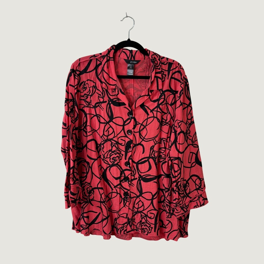 Ali Miles Button Up Top Coral Black Abstract 1X Art Deco Boho Fall Statement